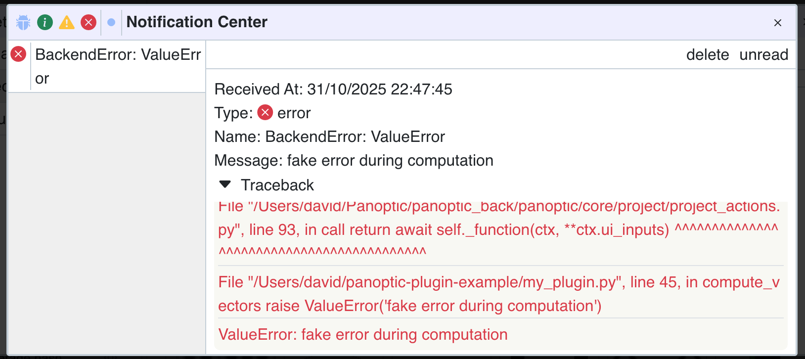 Notification d'erreur
